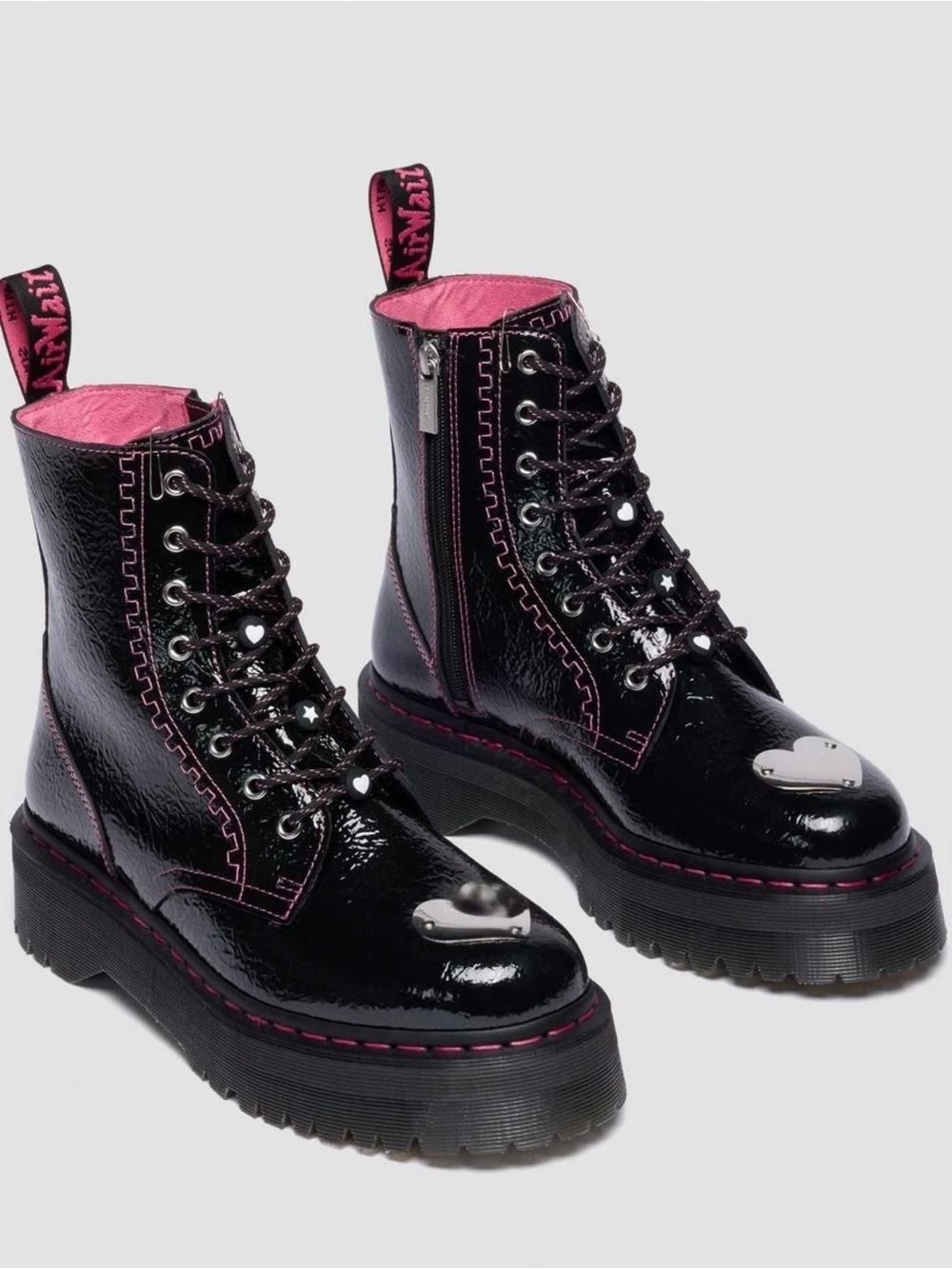NWT- Women’s 7,Dr. Marten Patent Leather Black Combat Boots with Pink Trim